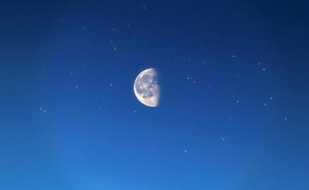 A calm and reflective scene featuring a waning gibbous moon against a deep blue night sky, symbolising introspection and evolution.