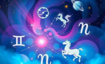 Colorful astrological elements and celestial motifs depicting zodiac signs and planets in a cosmic pattern.