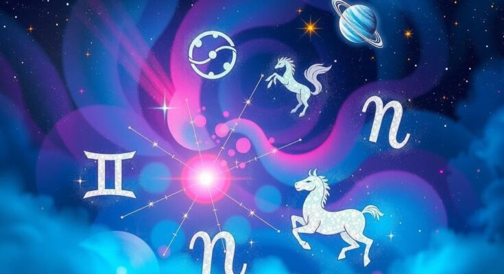 Colorful astrological elements and celestial motifs depicting zodiac signs and planets in a cosmic pattern.