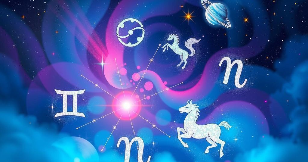 Colorful astrological elements and celestial motifs depicting zodiac signs and planets in a cosmic pattern.
