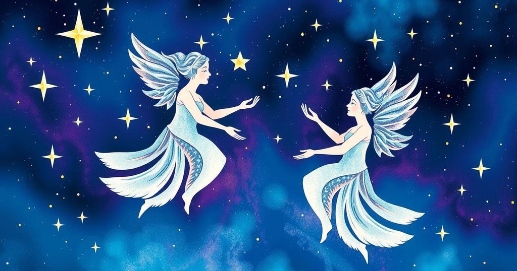 Astrological symbols surrounded by cosmic elements with Gemini motifs and vibrant colour palette reflecting creativity.