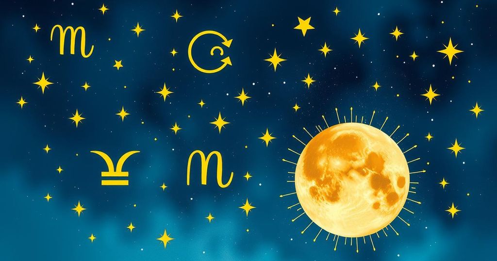 A vibrant celestial scene illustrates the zodiac signs under a Sagittarius moon, showcasing astrological symbols and stars.