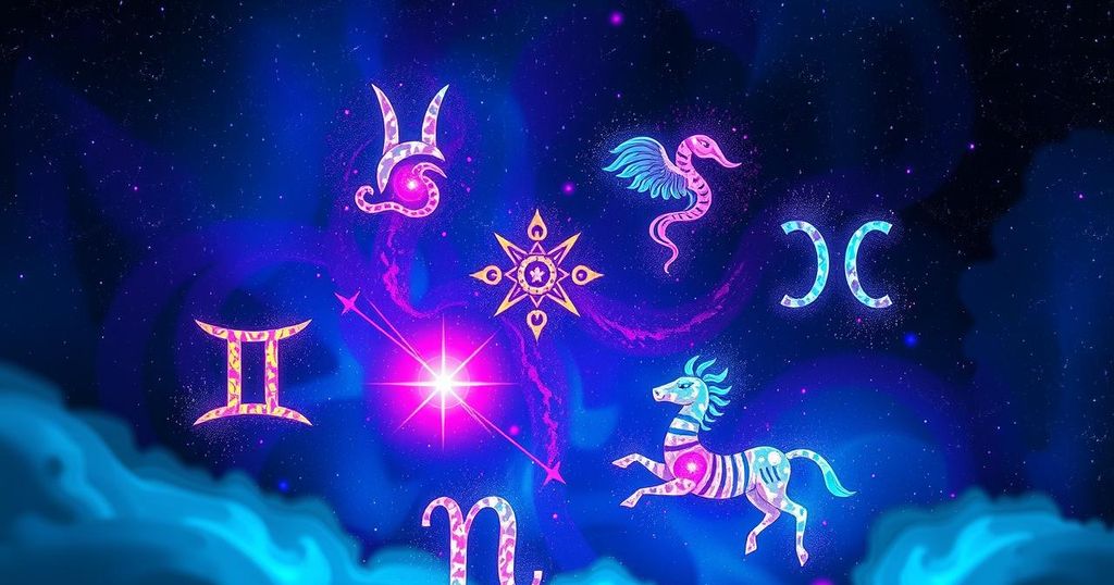 Celestial illustration of zodiac signs and astrological symbols with a cosmic backdrop, highlighting creativity and intuition.