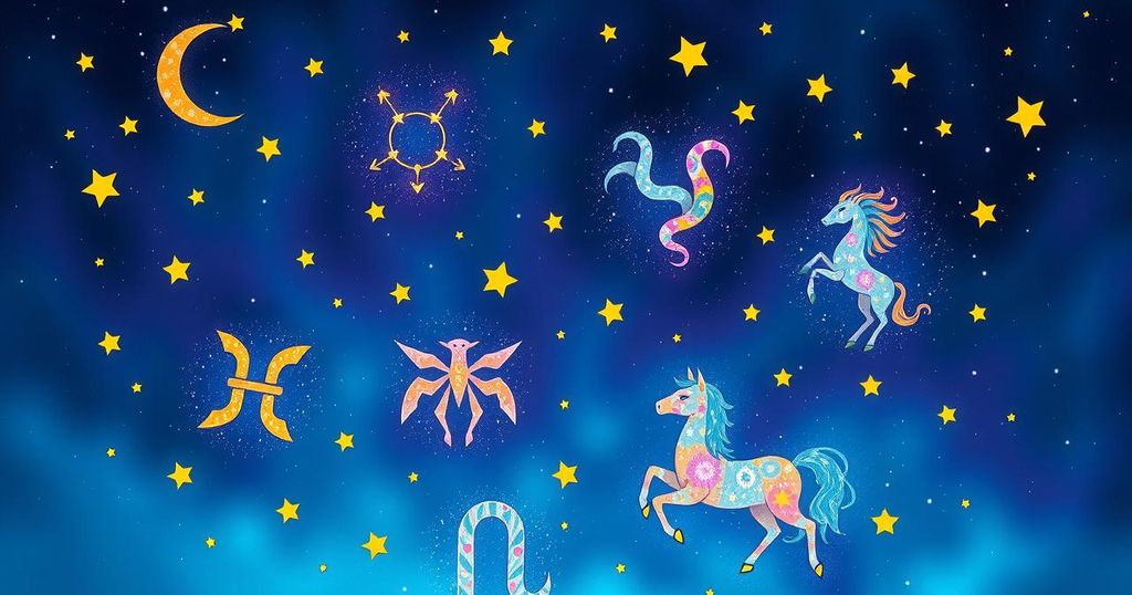 A celestial background with zodiac signs illuminated by stars, featuring vibrant colours representing love and intuition.