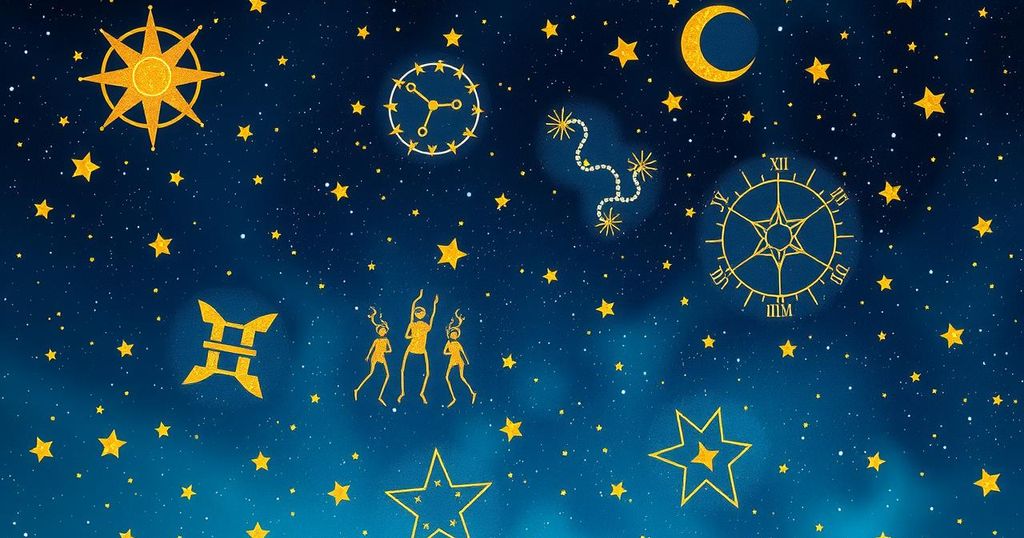 Starry night sky with constellations and zodiac signs, blending deep blues and shimmering golds in a celestial theme.