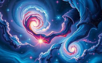 An abstract cosmic scene with stars and swirling galaxies, symbolising emotional transformation and love.