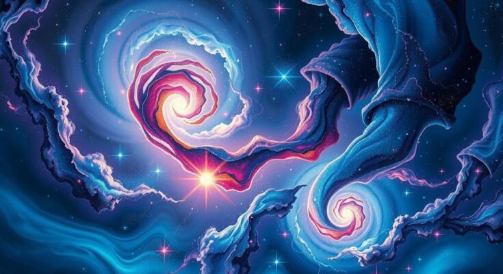 An abstract cosmic scene with stars and swirling galaxies, symbolising emotional transformation and love.