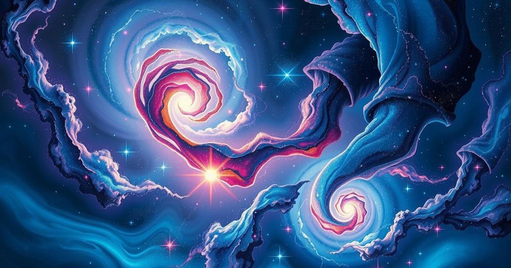 An abstract cosmic scene with stars and swirling galaxies, symbolising emotional transformation and love.