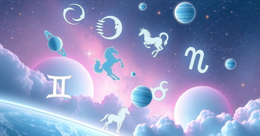 Astrology symbols and zodiac signs on a cosmic background with stars and planets in soft pastel colours.
