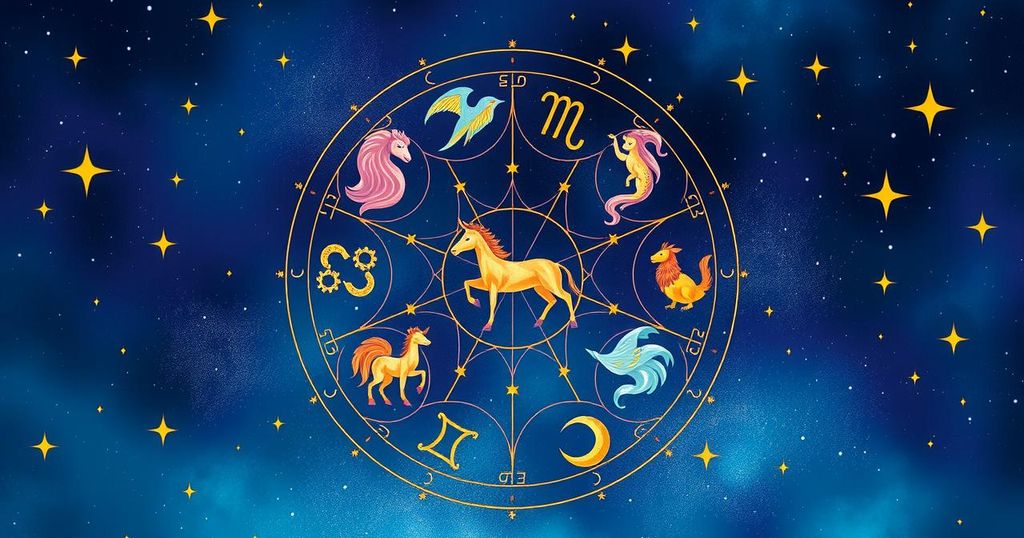 Astrological symbols representing zodiac signs against a starry night sky, cosmic colours blend harmoniously.