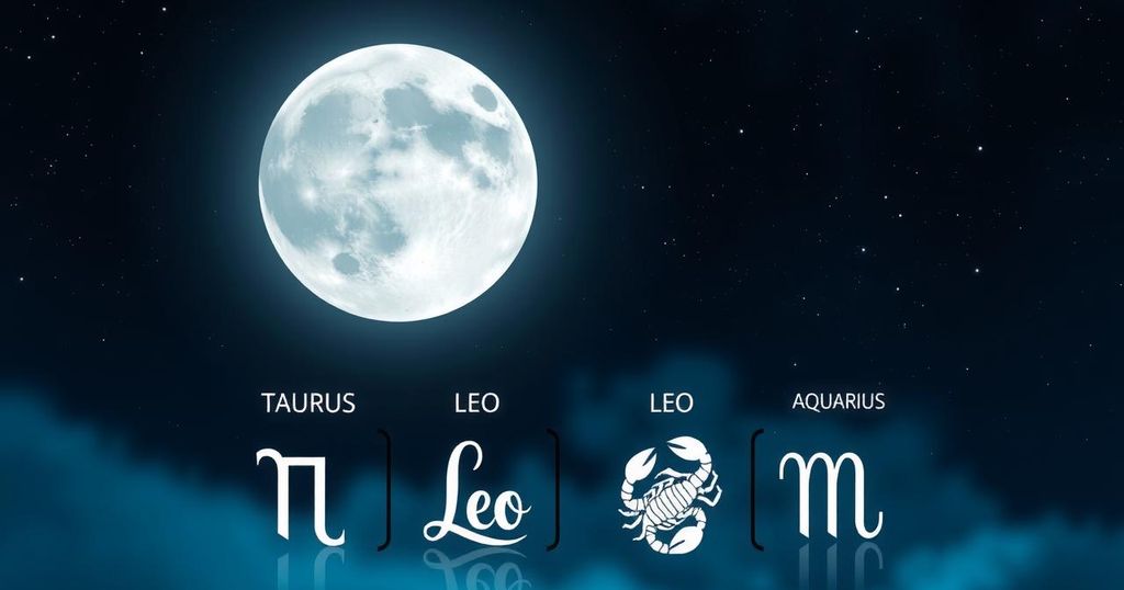 Celestial scene of a full moon in Scorpio illuminating a night sky, with Taurus, Leo, Scorpio, and Aquarius symbols below
