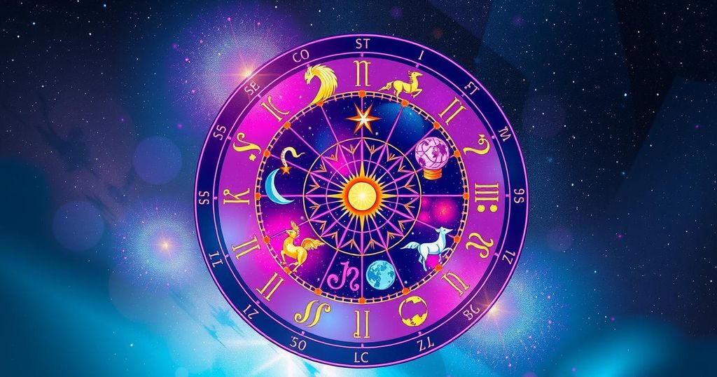 A whimsical zodiac wheel with stars and astrological symbols, featuring vibrant colours in a celestial theme.