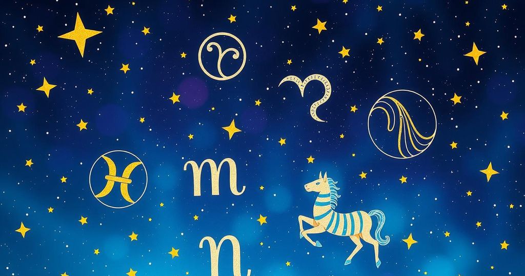 Astrological symbols against a starry night sky with zodiac signs in a mystical style.