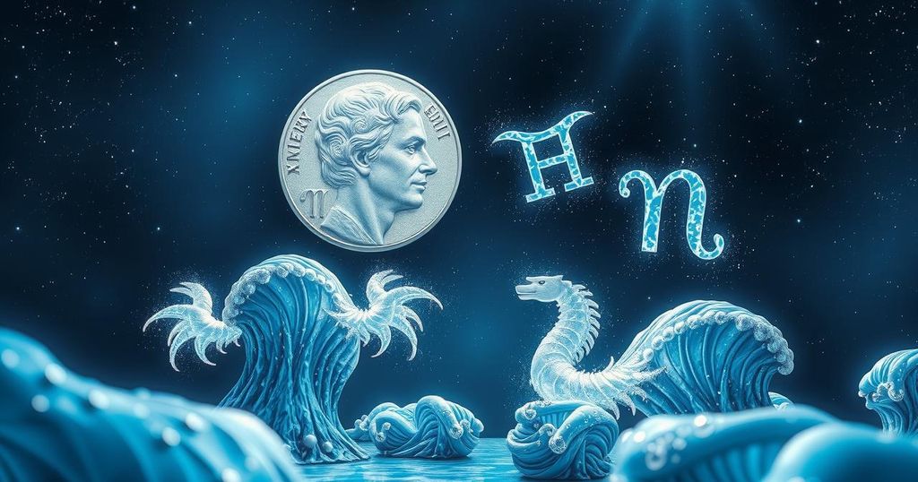 A celestial scene illustrating Mercury in Gemini, featuring cosmic elements with a blend of blue and silver hues.