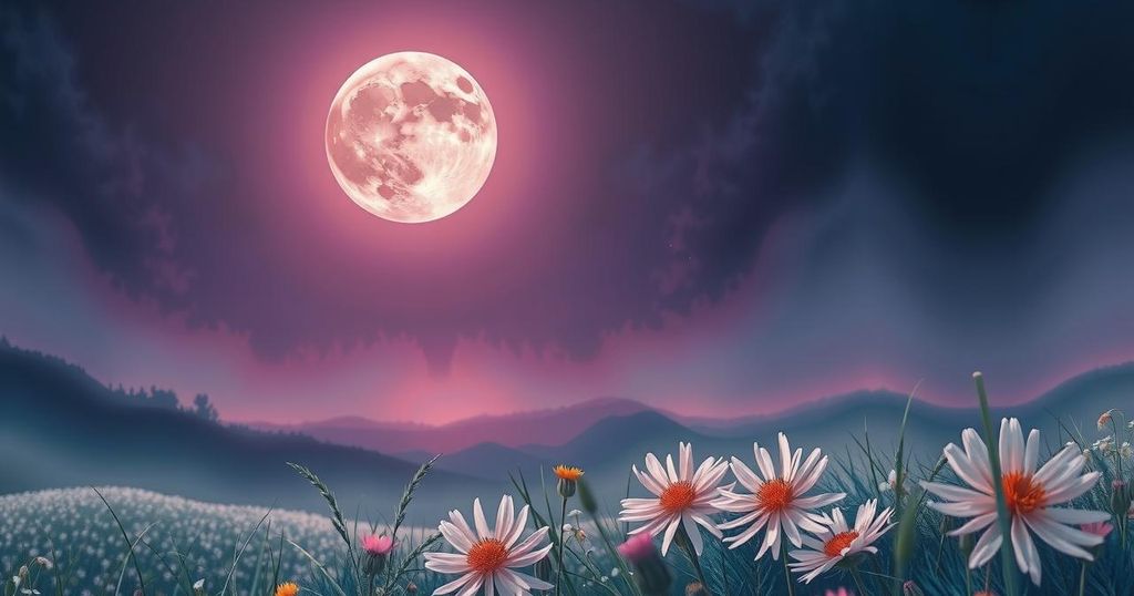 A glowing full pink moon above serene landscape with blooming flowers beneath, showcasing a peaceful nighttime scene.