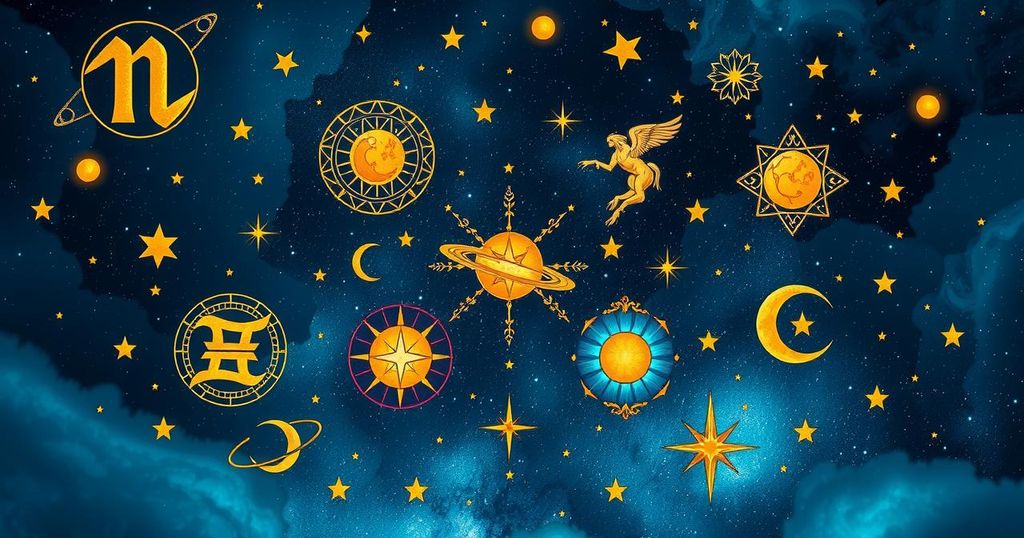 Zodiac signs illustrated in a celestial theme, featuring stars and astrological symbols against a dark blue sky.