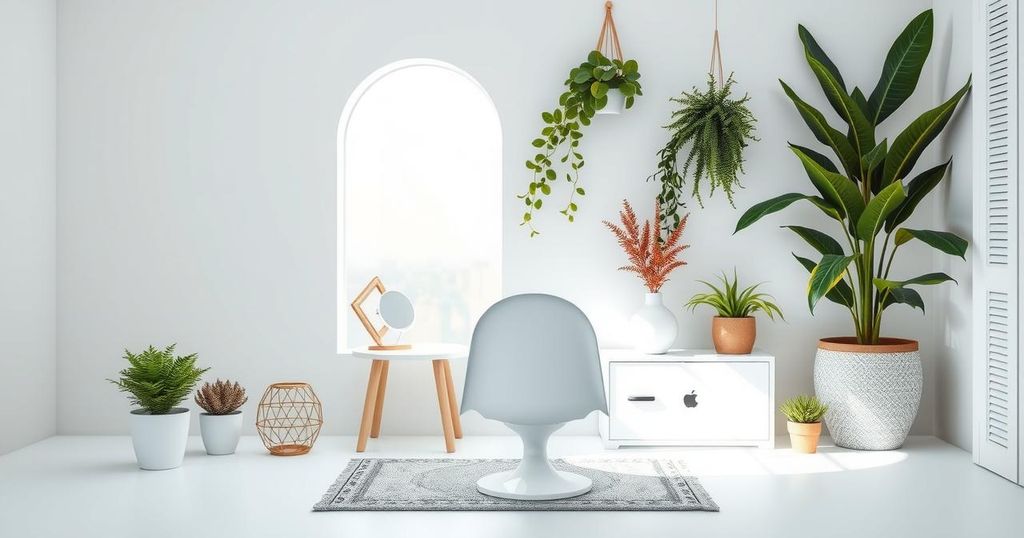 A serene workspace featuring milky white decor, plants, and motivational elements to enhance clarity and focus.