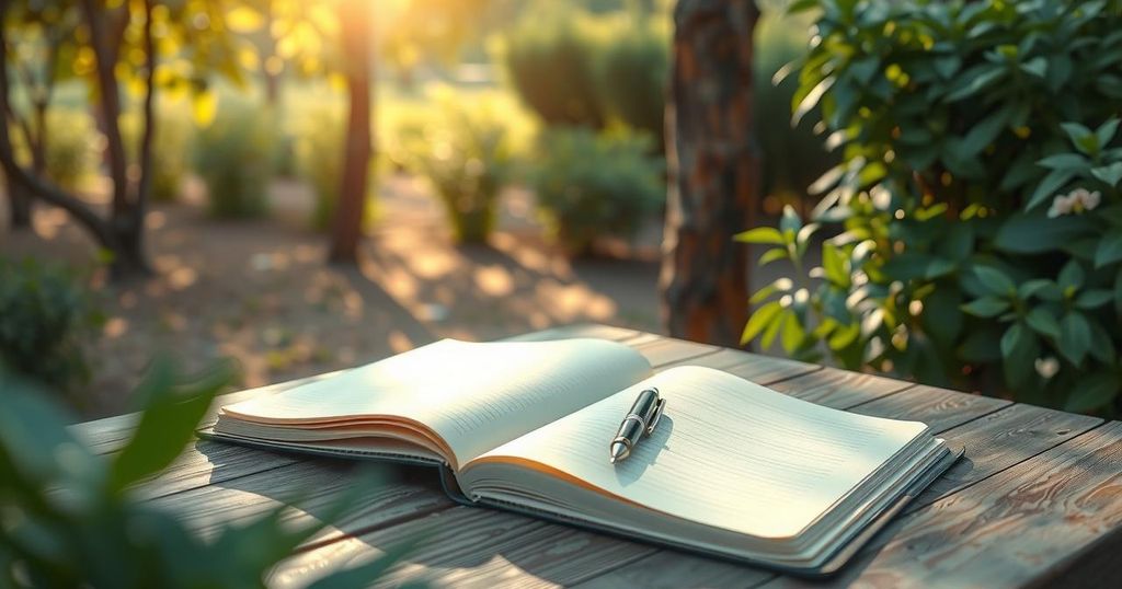 A serene space with a journal, pen, and calming nature elements, conveying introspection and personal growth.