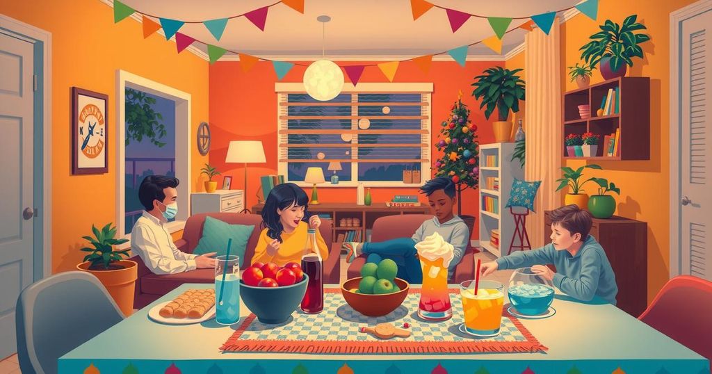 A vibrant scene of a lively game night with snacks and drinks on a table, colourful lights and decorations.