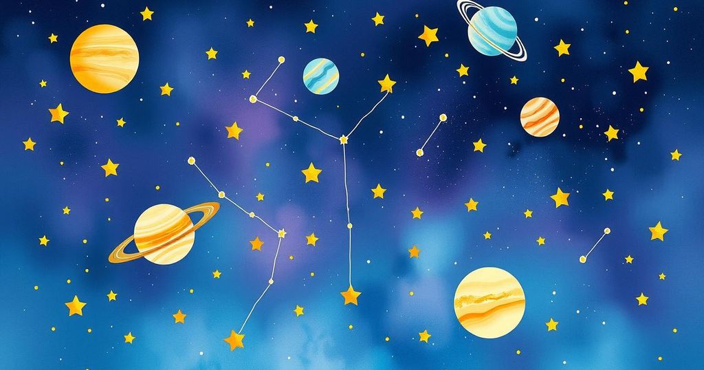 A starry sky with constellations surrounded by planets representing astrological insights and forecasts.