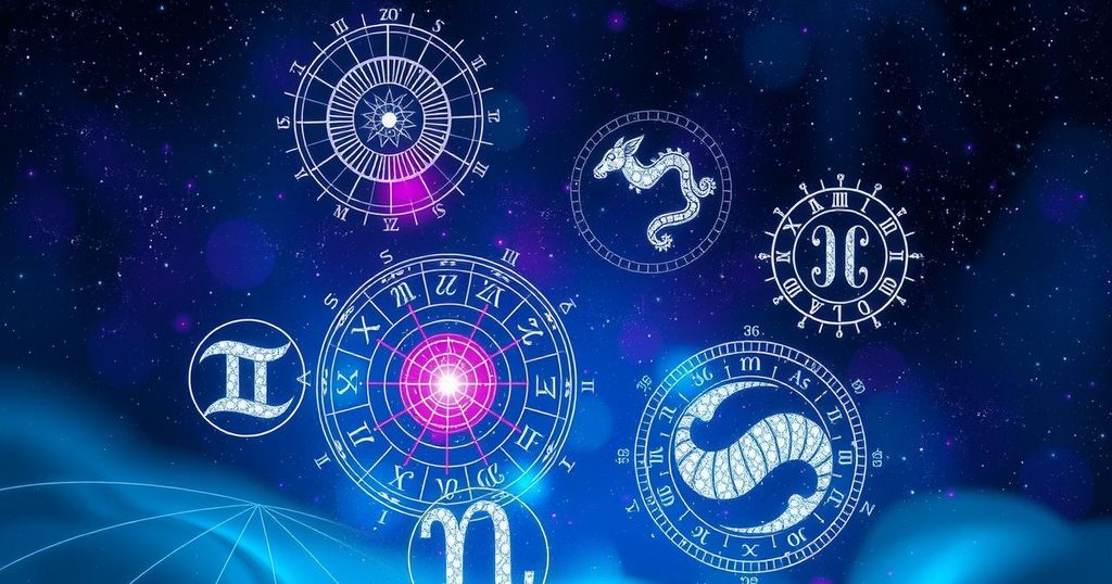 Celestial background with zodiac symbols overlay, astrological charts and mystical stars twinkling in the night sky.