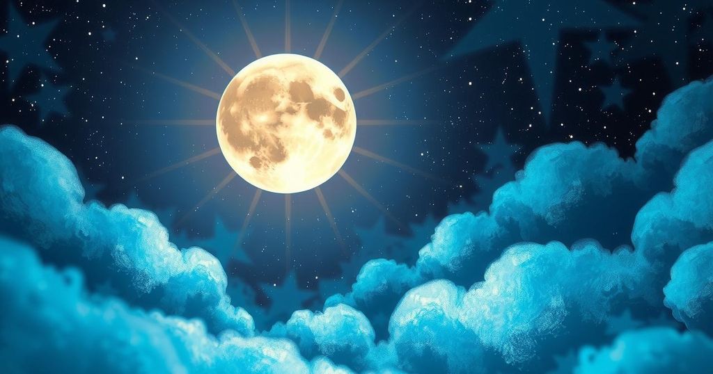 Celestial scene with a vibrant new moon in Gemini, surrounded by soft hues of blue and silver stars in an artistic style.