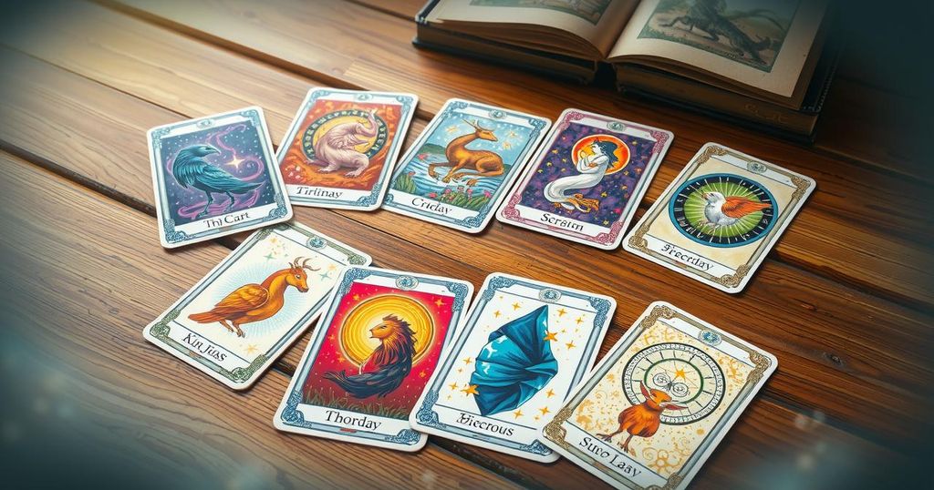 Astrological tarot cards representing zodiac signs, colourful with mystical symbols and celestial elements.
