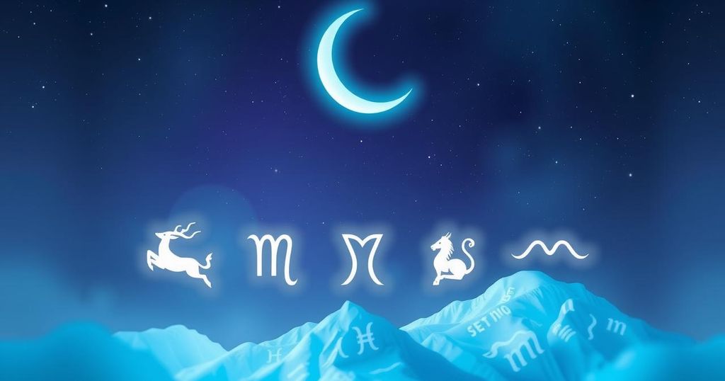 Illustration of astrological symbols representing zodiac signs under a crescent moon in cool tones.