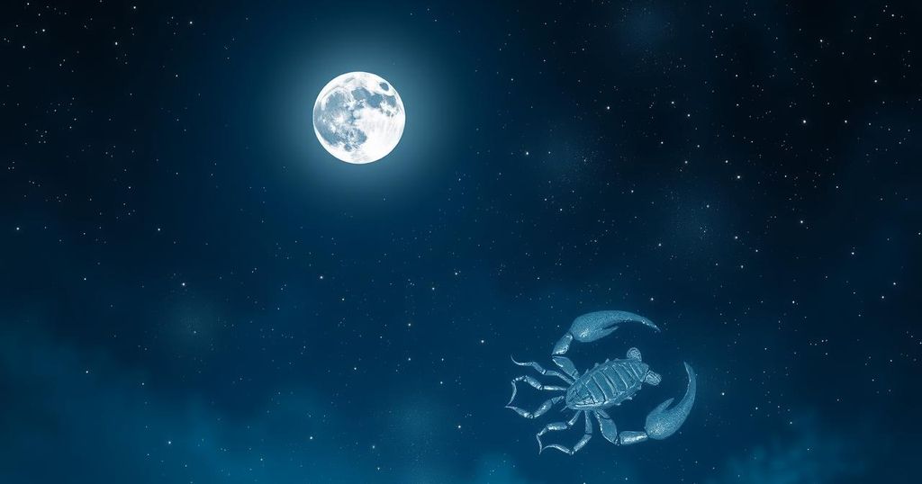 Scorpio Full Moon night sky glowing with deep blues and silvers, reflecting the cosmos and starry patterns.