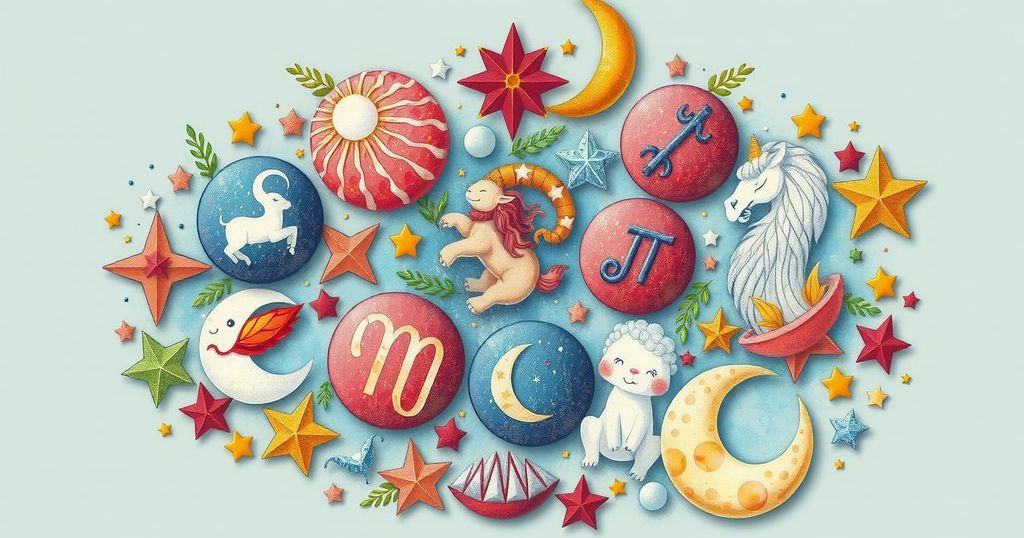 A vibrant astrological symbol collage representing zodiac signs with celestial elements and a soothing colour palette.