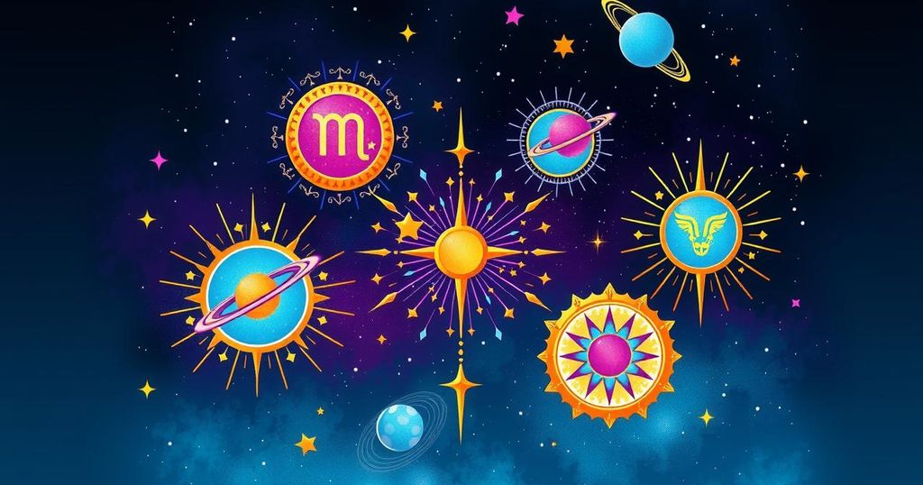 Astrological illustration featuring zodiac symbols with vibrant colours and celestial elements for positive horoscopes.