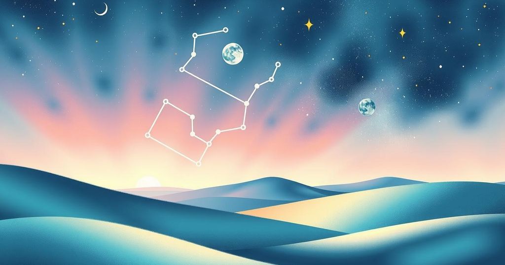 A serene landscape symbolising astrology, featuring Taurus and Cancer constellations surrounded by soft pastel colours.