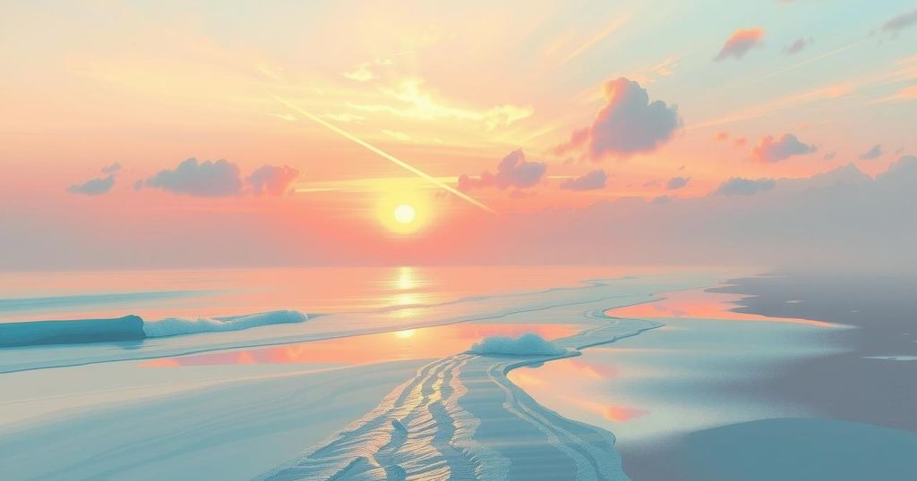 A serene sunrise over a tranquil beach, illustrating peace, creativity, and emotional reflection in soft pastel hues.