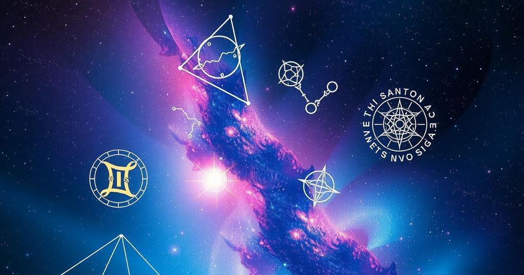 Astrological symbols on a vibrant cosmic background with stars and constellations, in a dreamlike style.