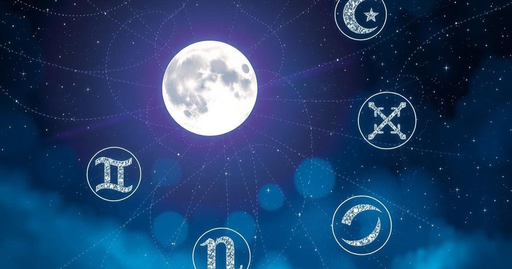 A cosmic scene depicting a vibrant new moon in a starry sky, with hints of astrological symbols and a Gemini motif.