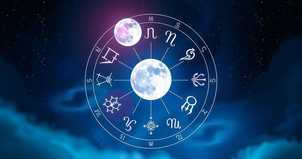 A celestial scene depicting various zodiac symbols under a glowing full moon with starry night in deep blues and purples.