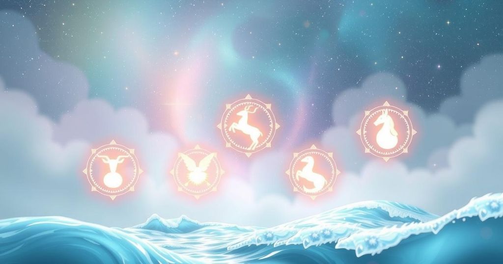 A tranquil cosmic scene depicting the five zodiac signs in harmony, with soft, fluid colours reflecting spiritual growth.