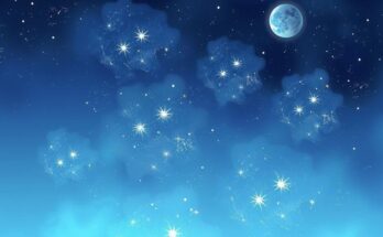 A calming celestial landscape at night with dreamy stars and planets, combining soft blues and gentle purples.