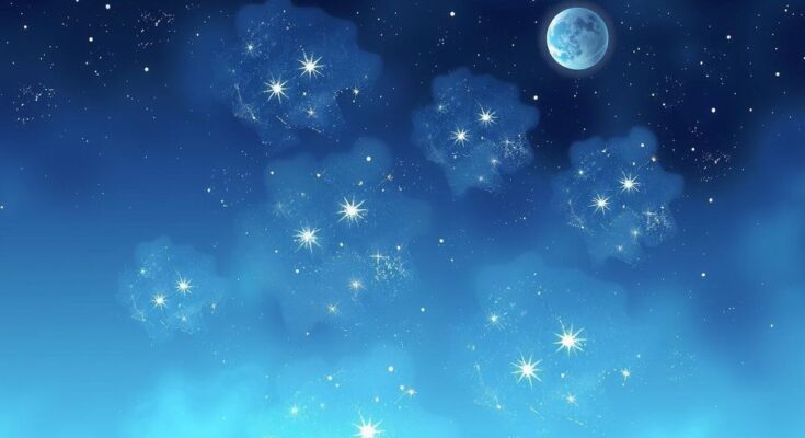 A calming celestial landscape at night with dreamy stars and planets, combining soft blues and gentle purples.