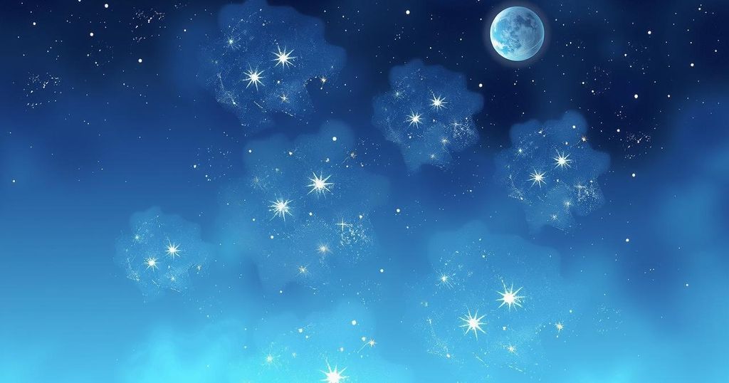 A calming celestial landscape at night with dreamy stars and planets, combining soft blues and gentle purples.