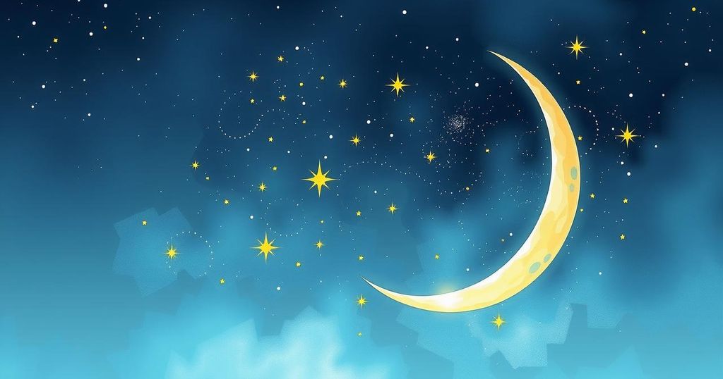 Celestial scene with a crescent moon, stars, and planetary alignments in calming blue and gold tones.