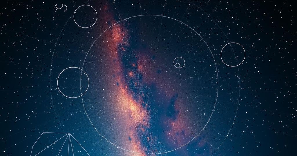A serene night sky filled with stars, encompassing zodiac constellations, reflecting calming hues of rust and navy.