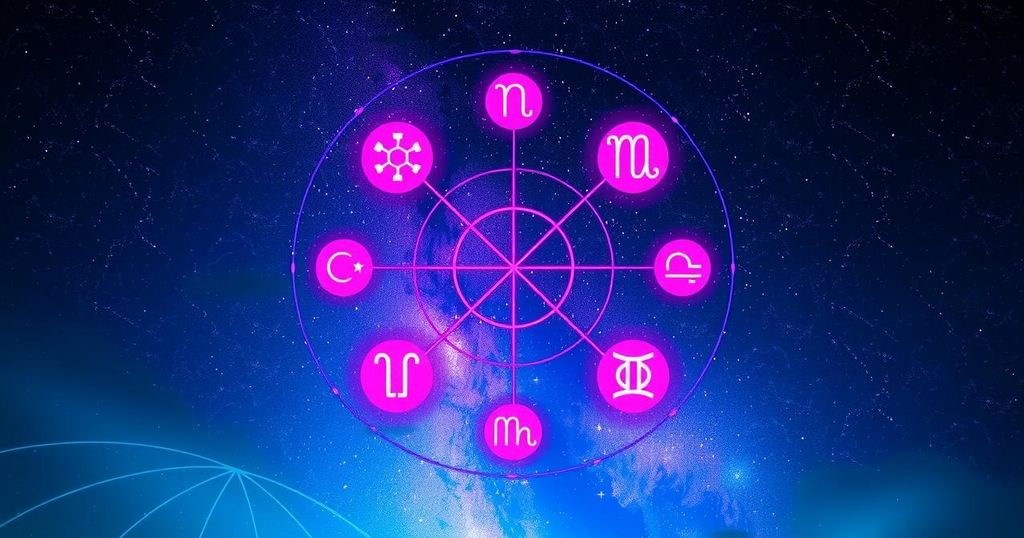 Astrological symbols with a celestial background featuring stars and vibrant colours for zodiac signs January horoscope.