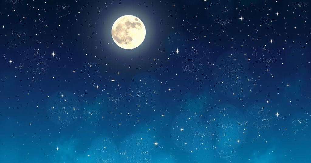 A mystical night sky with zodiac signs, stars, and a glowing month representing weekly horoscopes and astrology.