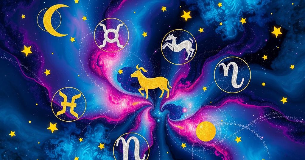 An abstract cosmic scene illustrating zodiac signs with vibrant colours, symbolising emotions and relationships.