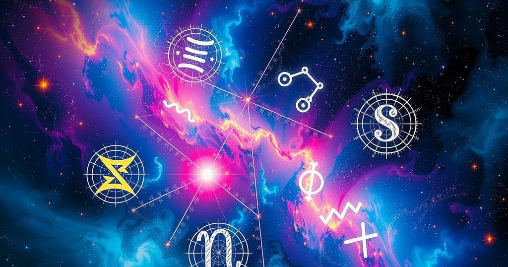 Astrological symbols and celestial elements against a vibrant cosmic background with bursts of colour.