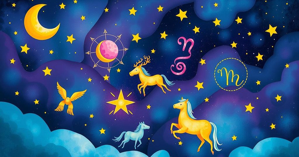 Astrological symbols with a cosmic background, showcasing zodiac signs in vibrant colours, highlighting celestial themes.