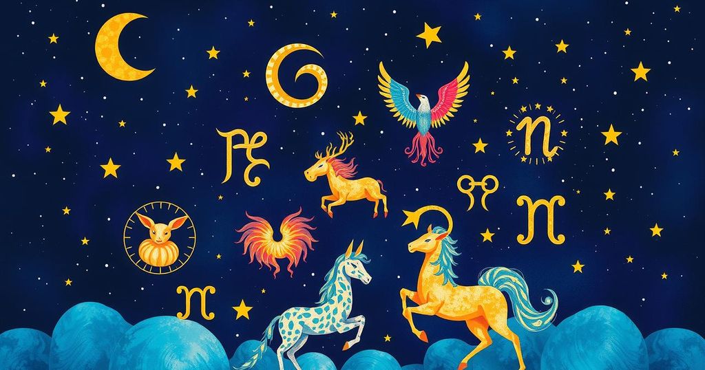 A celestial scene with zodiac symbols against a starry sky, depicting astrology and cosmic energy for Horoscopes.