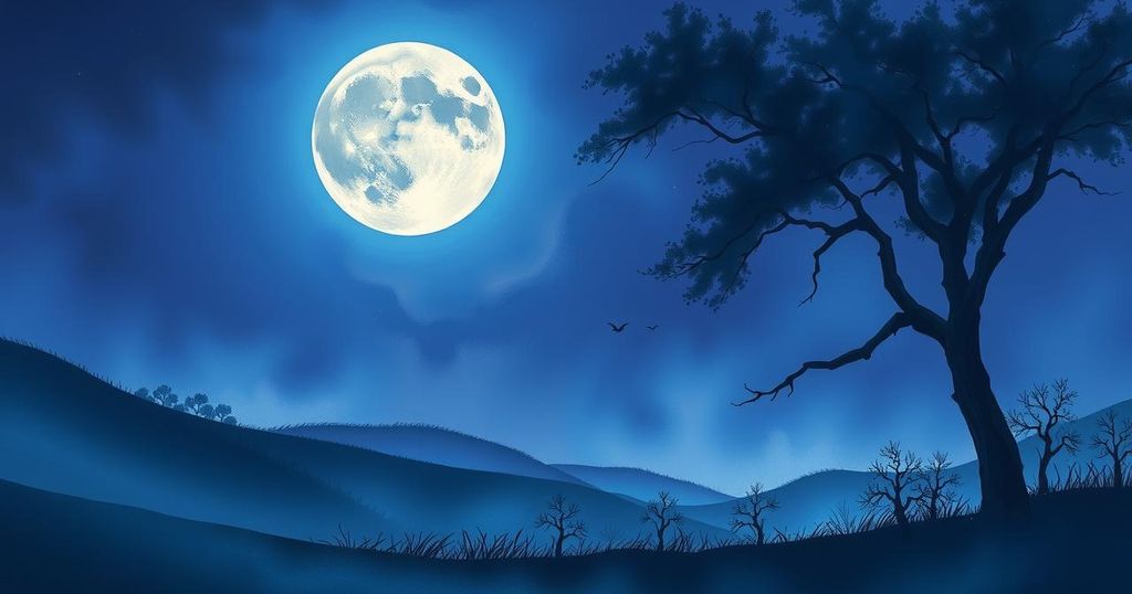 A mystic full moon over a night sky, casting enchanting shadows over serene landscapes in deep blues and purples.