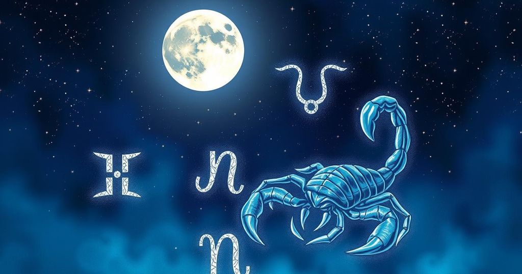 A celestial scene featuring zodiac symbols with a Scorpio Full Moon glowing brightly, complemented by a starry night.